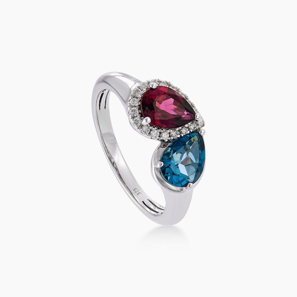 Pear Rhodonite, Blue Topaz and Diamond Ring in 375/9K White Gold 276030826(WG)-RHOD