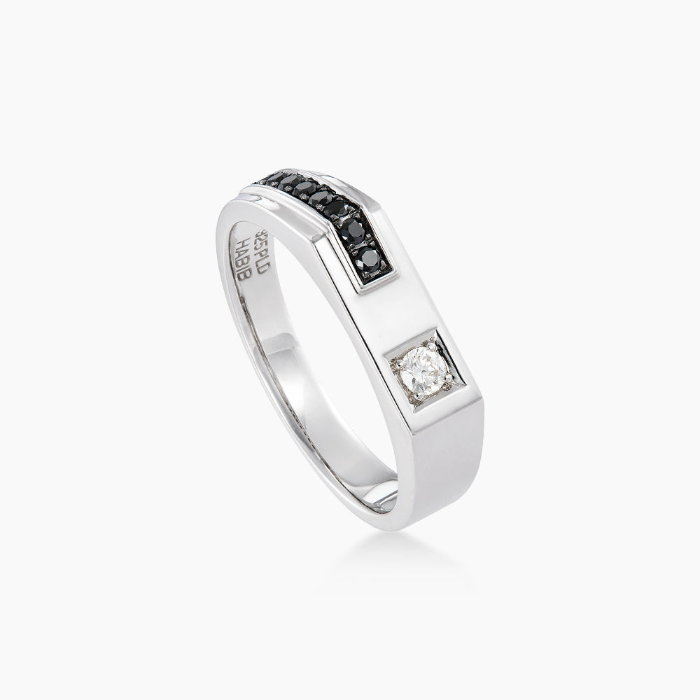 Round Black Diamond Grooved Men's Ring in 925 Silver Palladium 274690326(PLD)
