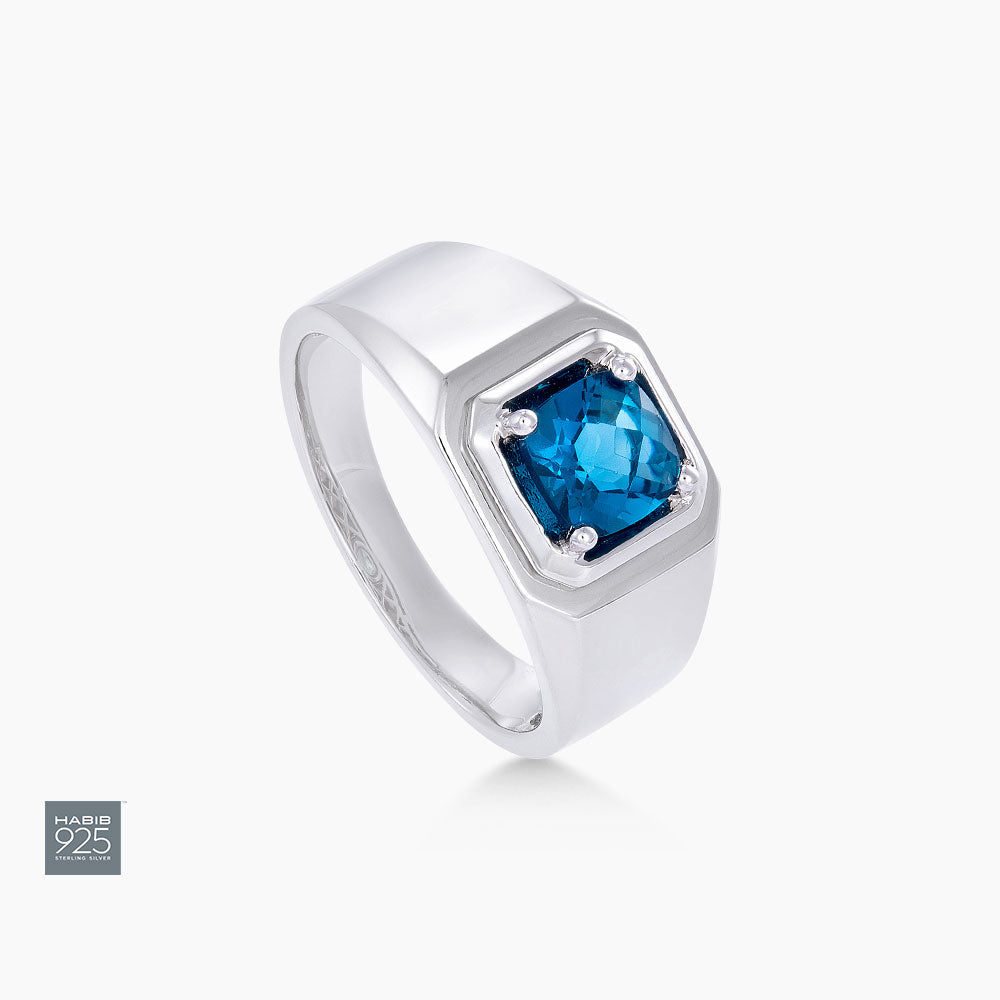 Cushion Blue Topaz Men's Ring in 925 Silver Palladium A05480222(PLD)-LBTO