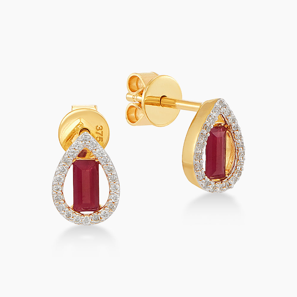 Baguette Ruby and Diamond Earrings in 375/9K Yellow Gold 275850726(E)