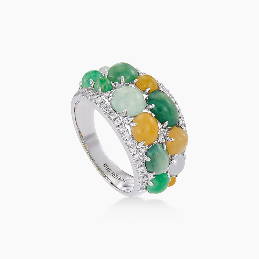 Diamond and Multicoloured Jade Ring in 585/14K White Gold 276170926(A)