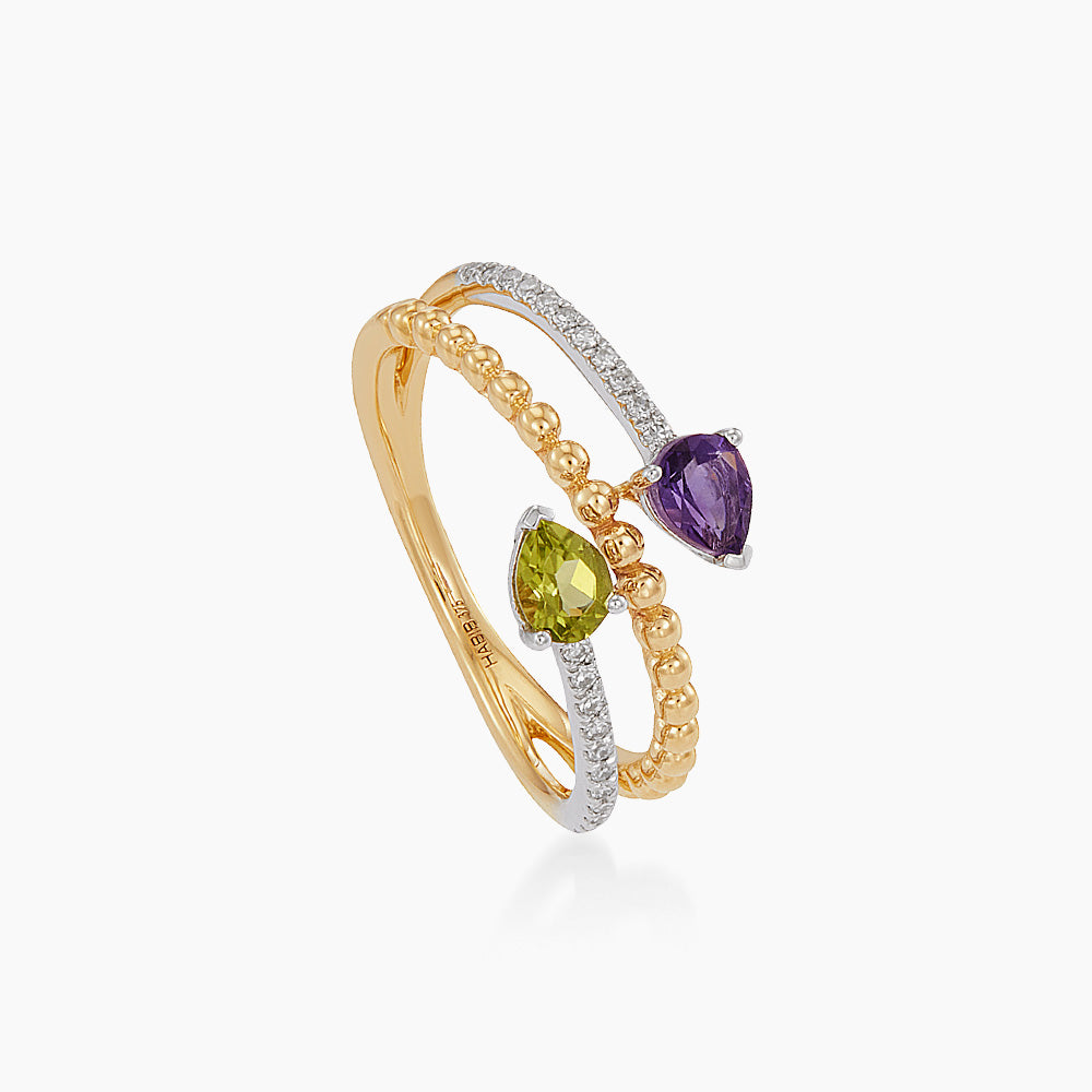 Pear Amethyst, Peridot and Diamond Ring in 375/9K Yellow and White Gold 275080526
