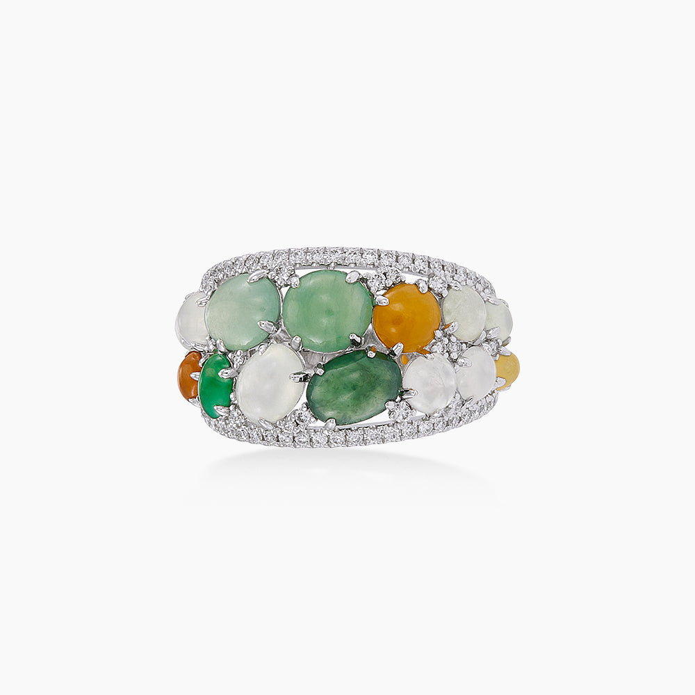 Diamond and Multicoloured Jade Ring in 585/14K White Gold 276170926(B)