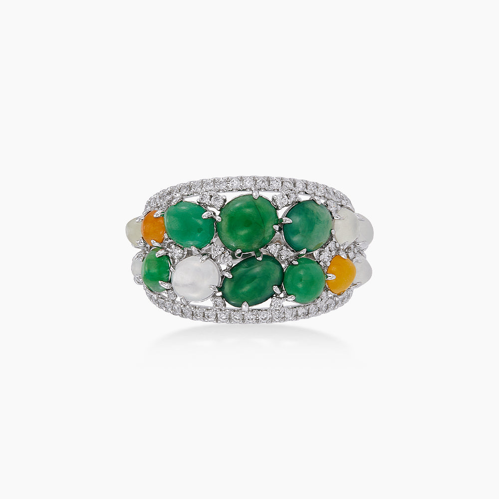 Diamond and Multicoloured Jade Ring in 585/14K White Gold 276170926(C)