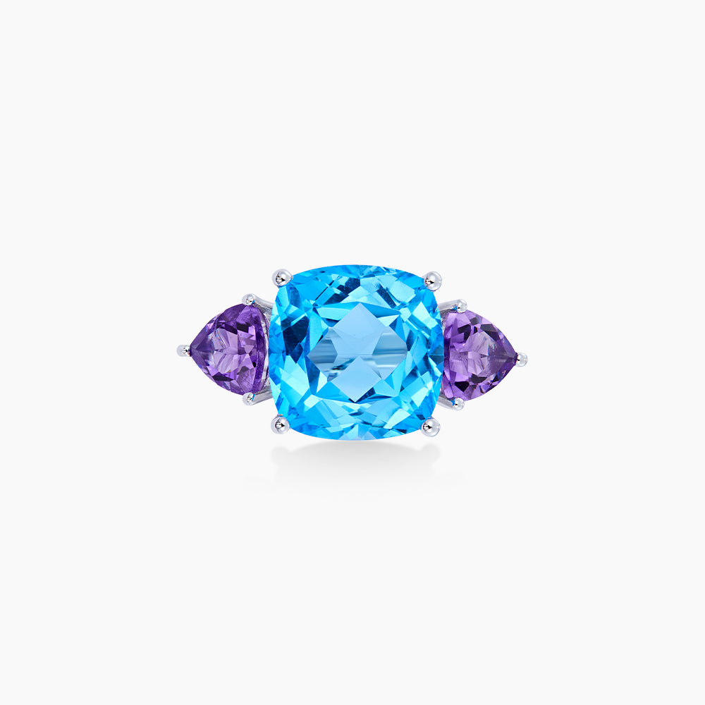 Blue Topaz, Amethyst and Diamond Ring in 375/9K White Gold 266650623