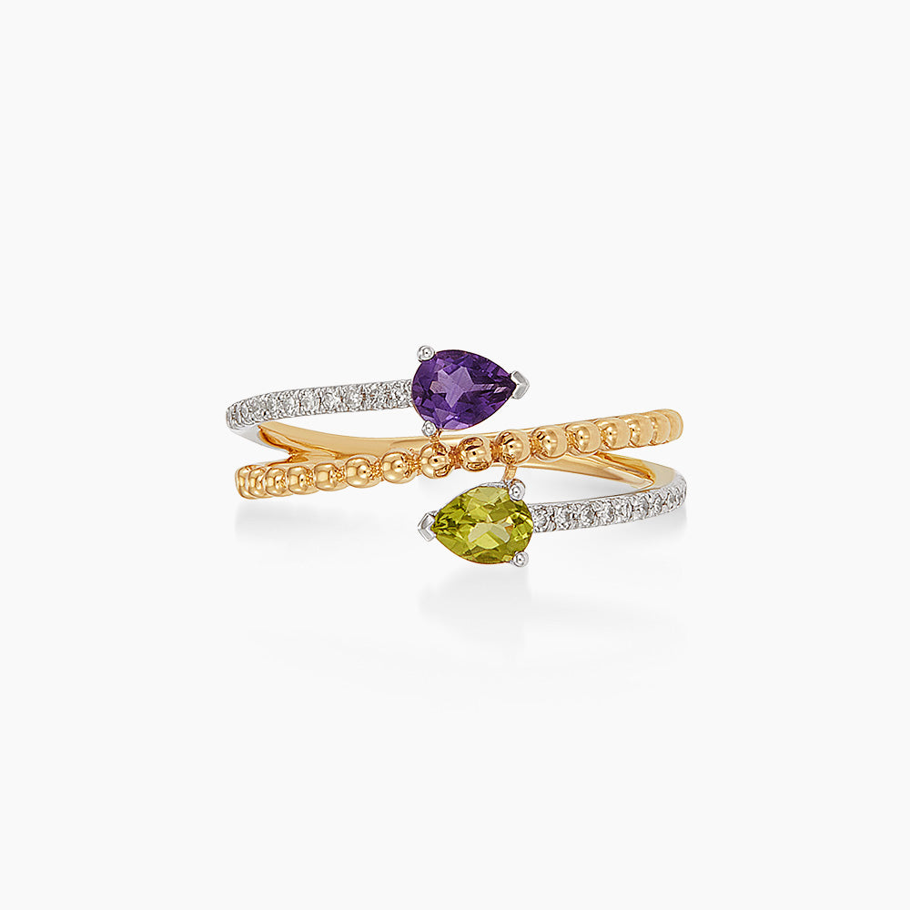 Pear Amethyst, Peridot and Diamond Ring in 375/9K Yellow and White Gold 275080526