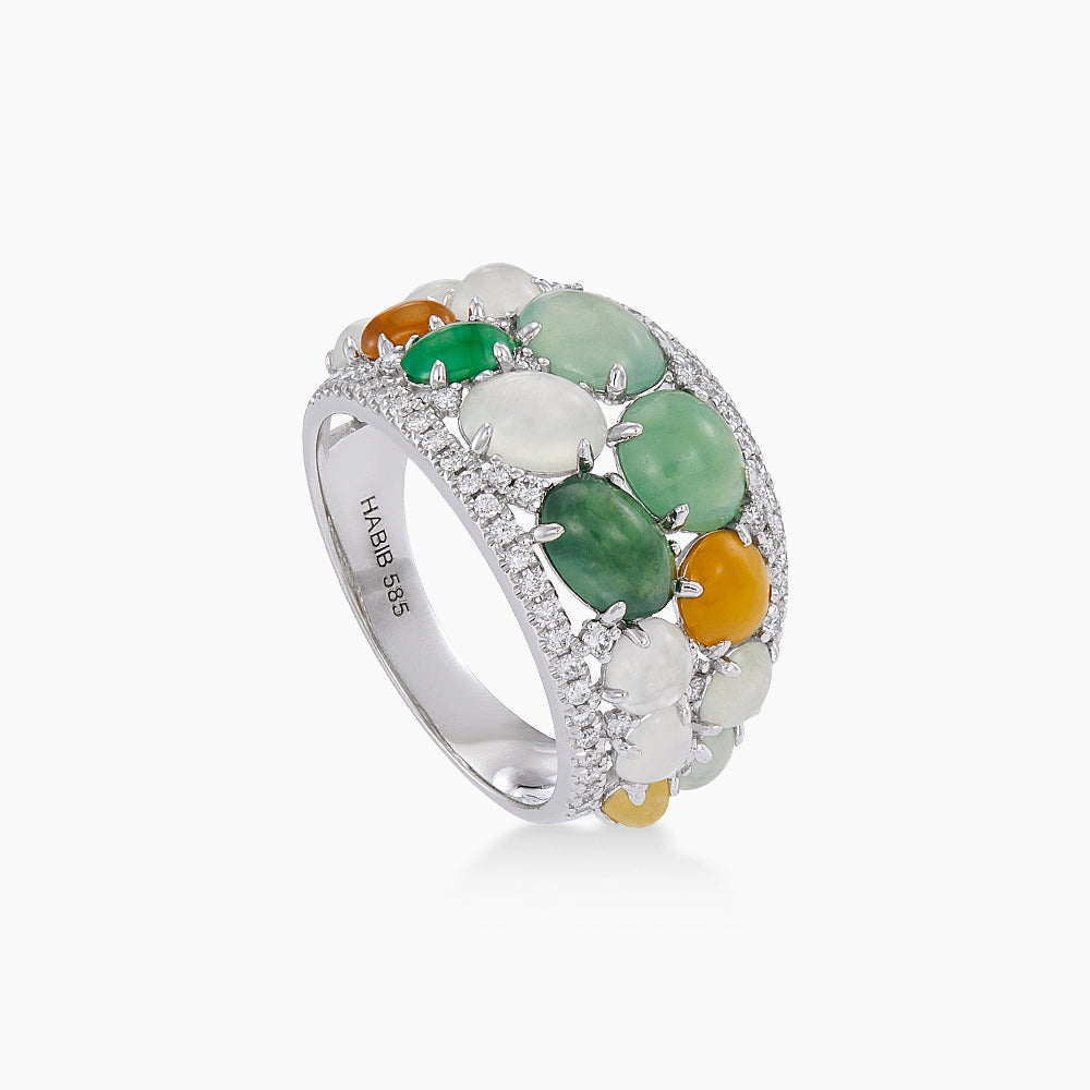 Diamond and Multicoloured Jade Ring in 585/14K White Gold 276170926(B)