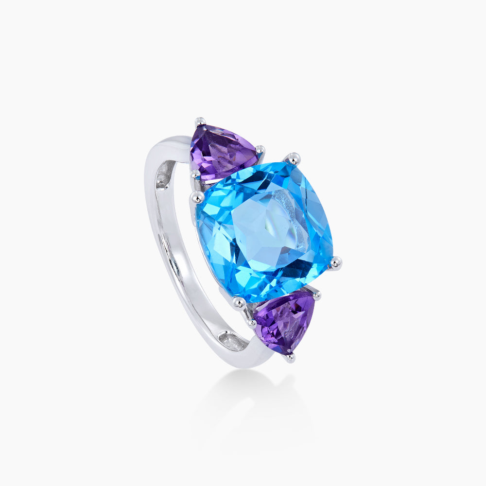 Blue Topaz, Amethyst and Diamond Ring in 375/9K White Gold 266650623