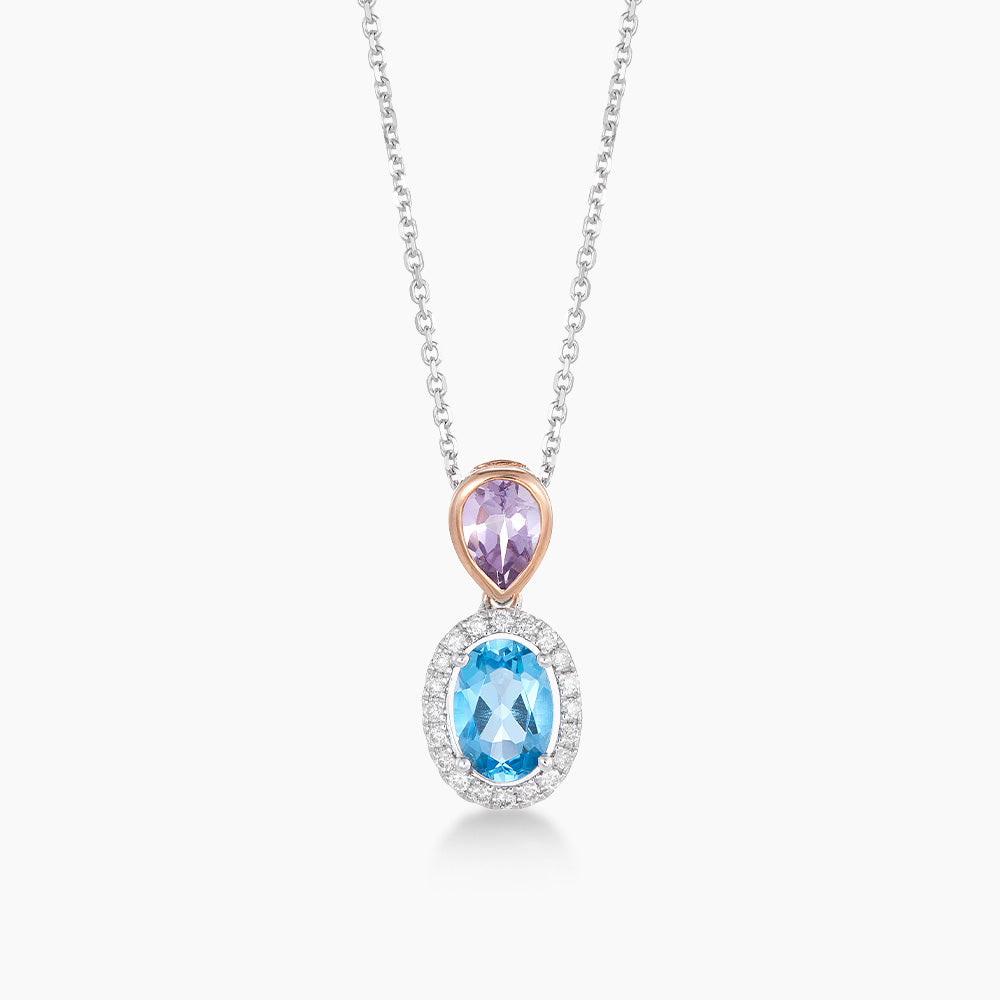 Blue Topaz and Pink Amethyst Diamond Necklace 375/9K White and Rose Gold 261741221(N)