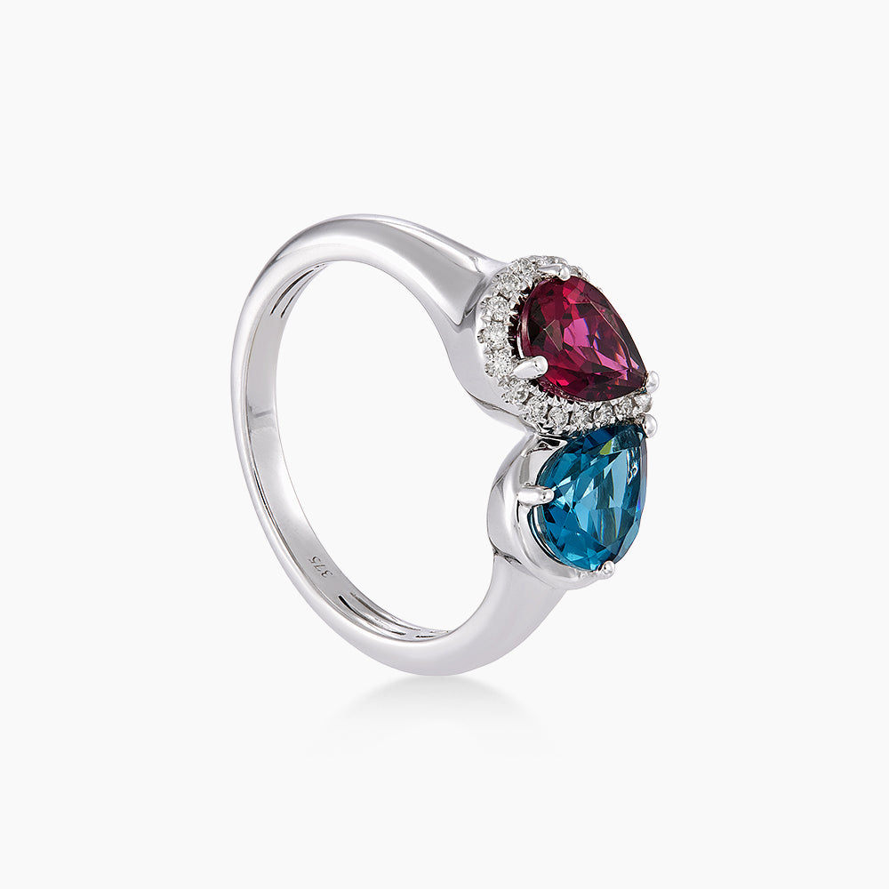 Pear Rhodonite, Blue Topaz and Diamond Ring in 375/9K White Gold 276030826(WG)-RHOD