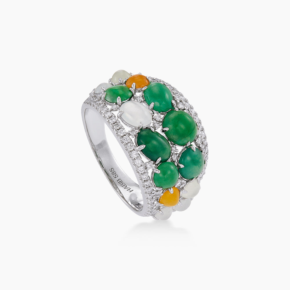 Diamond and Multicoloured Jade Ring in 585/14K White Gold 276170926(C)